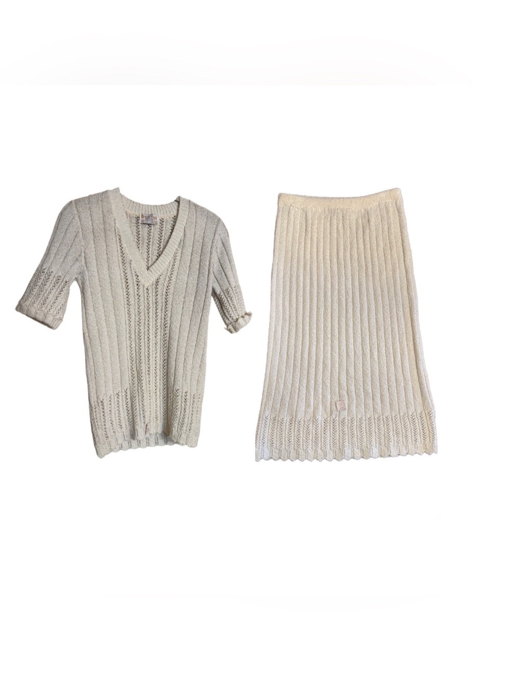 60's Vintage British Vogue Ivory Nubby Knit Eyelet Sweater Top Skirt Set Size S